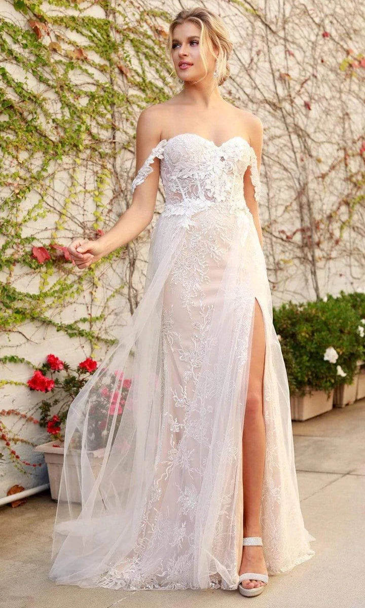 Nox Anabel E441 Size 4, 14 Off the shoulder Sheer Lace Wedding Dress Slit Overskirt Bridal Gown Boho 4 / White/Champagne Nox Anabel E441 Size 4, 14 Off the shoulder Sheer Lace Wedding Dress Slit Overskirt Bridal Gown Boho 4 / White/Champagne