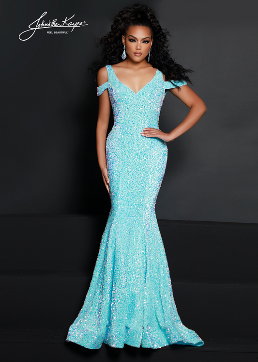 Johnathan Kayne 2678 sequin stretch velvet gown with off shoulder straps Lush Mermaid skirt and train perfect for Pageants Available Sizes:00-24 Available Colors: Aqua, Magenta, Multi