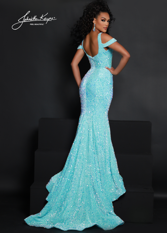 Johnathan Kayne 2678 sequin stretch velvet gown with off shoulder straps Johnathan Kayne 2678 Size 4 Aqua sequin stretch velvet Pageant gown Formal Dress Available Sizes: 4 Available Colors: Aqua