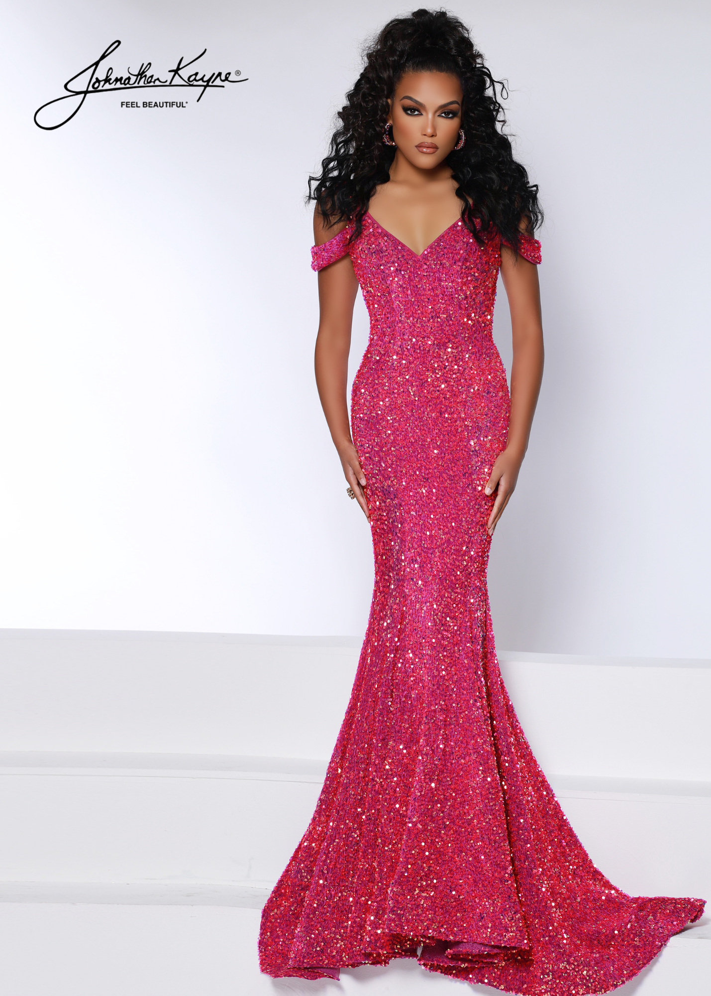 Johnathan Kayne 2678 Size 14 Magenta Sequin Stretch Velvet Gown with Off Shoulder Straps Johnathan Kayne 2678 Size 14 Magenta Sequin Stretch Velvet Gown with Off Shoulder Straps