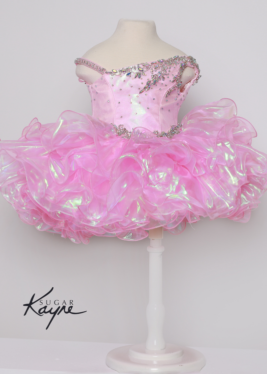 Sugar Kayne C214 iridescent organza gown with a corset back Available sizes: 0M,6M,12M,18M,24M,2T,3T,4T,5T,6T Available Colors: Aqua, Lemon Lime, Pink