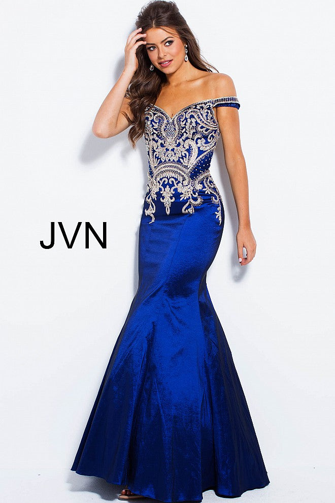 JVN61193 Off the shoulder embellished embroidered lace long mermaid prom dress available in Navy