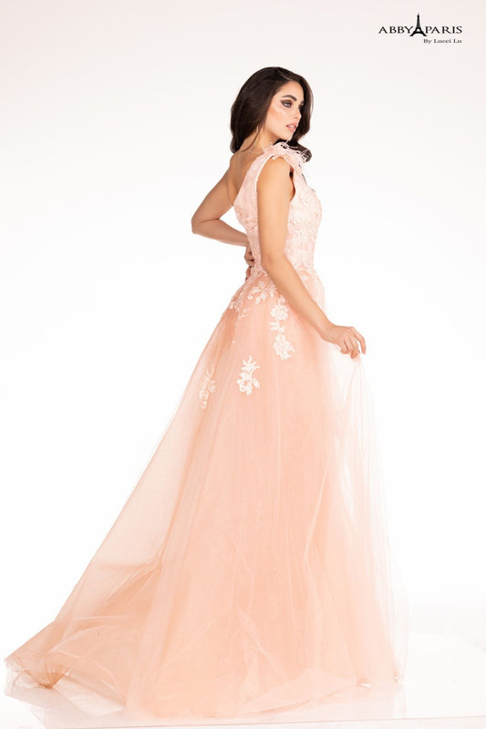 Abby Paris 90109 is an exquisite pageant gown that features a long-fitted silhouette, one-shoulder neckline, and floral lace overskirt adorned with delicate feathers. This extravagant masterpiece ensures a memorable and eye-catching look. Slit skirt tulle sweeping overskirt train. Stunning Reception Dress in Ivory! Sizes: 2-16 Colors: Blush, Ivory