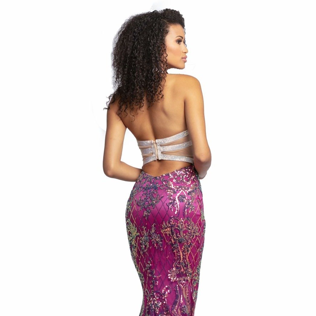 Johnathan Kayne 2093 is a keyhole neckline Prom Dress, Pageant Gown & Formal Evening Wear Dress. Featuring a Stunning Fit & Flare Mermaid Silhouette. Embellished damask Print Sequin & Crystal Designs. Amazing Keyhole Cutout Embellished Neckline with a high neck leading to a Bedazzled Crystal Choker. Open Back with sheer Mesh panel running across with Rows of Amazing Crystals with zipper closure. Fit & Flare falls into a subtle trumpet skirt with small sweeping train.