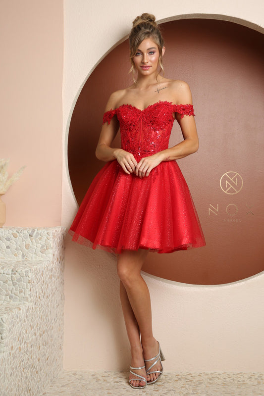 This exquisite Nox Anabel gown features an understated off-the-shoulder design with a modern A-line silhouette. Crafted from luxurious beaded lace, with a corset-style waist, this dress showcases captivating detail and tailoring for an impressive evening look.  Size: 10  Color: Red