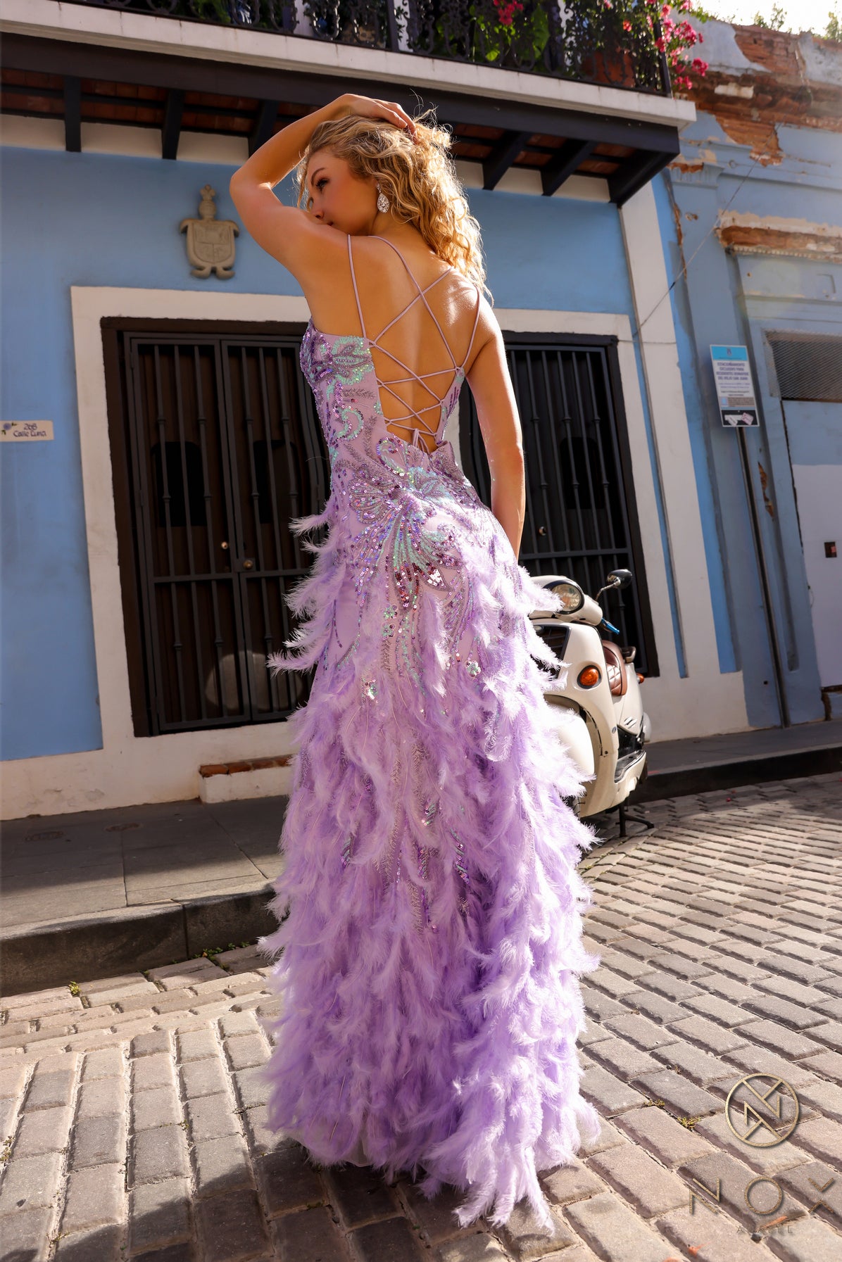 Nox Anabel C1413 Long Beaded Sequin Feather Slit Prom Dress Backless Corset Formal Gown