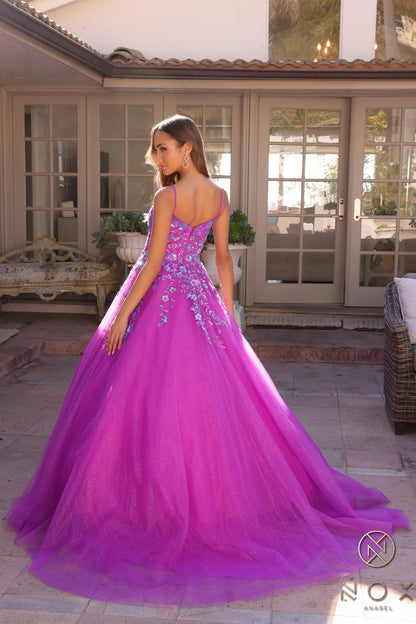 Introducing the Nox Anabel H1464 Prom Dress, the perfect blend of sophistication and glamour. Made with shimmery tulle and adorned with sequins, this A-line dress is designed to make you shine on your special night. With a flattering scoop neck and elegant pageant look, this dress will make you feel like a true star.  Sizes: 0-16  Colors: Hunter Green, Hot Pink, Purple