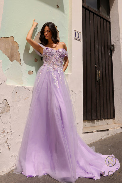 Nox Anabel J1324 sz 8 Sage A Line Prom Dress Sequin Lace Tulle off the shoulder Corset Formal Gown