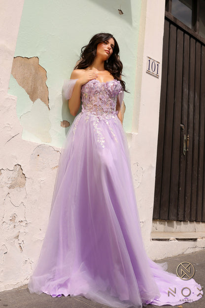 Nox Anabel J1324 sz 8 Sage A Line Prom Dress Sequin Lace Tulle off the shoulder Corset Formal Gown