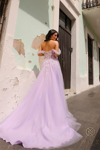 Nox Anabel J1324 sz 8 Sage A Line Prom Dress Sequin Lace Tulle off the shoulder Corset Formal Gown