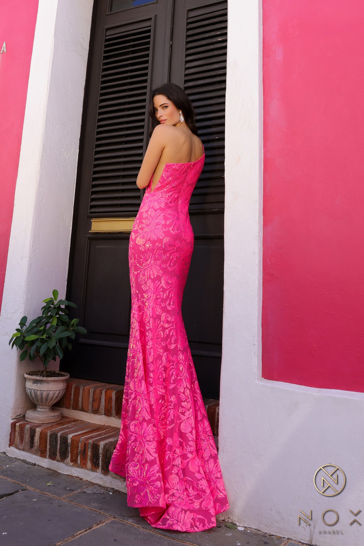 Nox Anabel R1308 Long Sequin Lace One Shoulder Prom Dress Mermaid Formal Gown Pageant