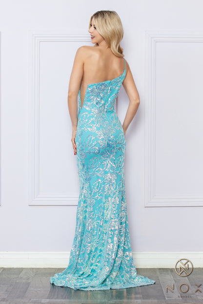 Be the ultimate showstopper in this stunning Nox Anabel R1308 sequin lace one shoulder prom dress. The mermaid silhouette and formal design will give you the confidence to shine on any pageant stage. Guaranteed to make a lasting impression, this gown is a must-have for any special occasion.  Size: 0-16  Colors: Fuchsia, Aqua Blue, White Multi