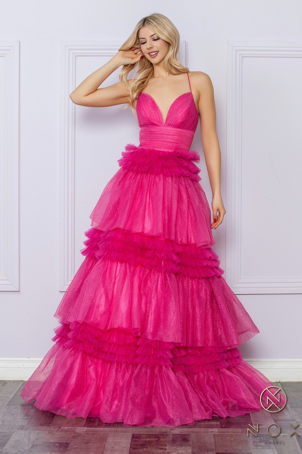 Nox Anabel R1316 A Line Pleated Shimmer Ballgown Prom Dress Layered Tulle Ruffle Corset Formal Gown