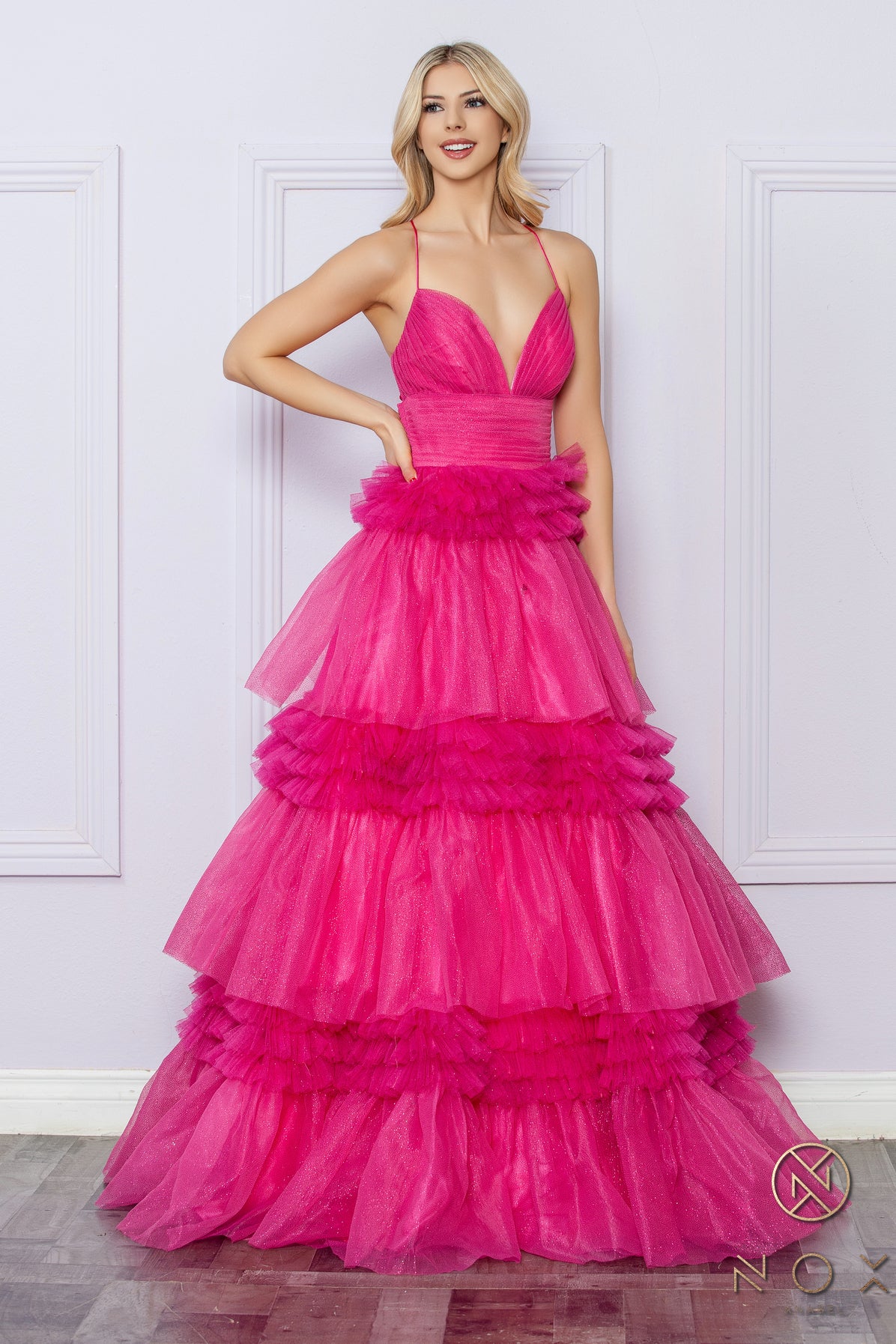 Nox Anabel R1316 A Line Pleated Shimmer Ballgown Prom Dress Layered Tulle Ruffle Corset Formal Gown