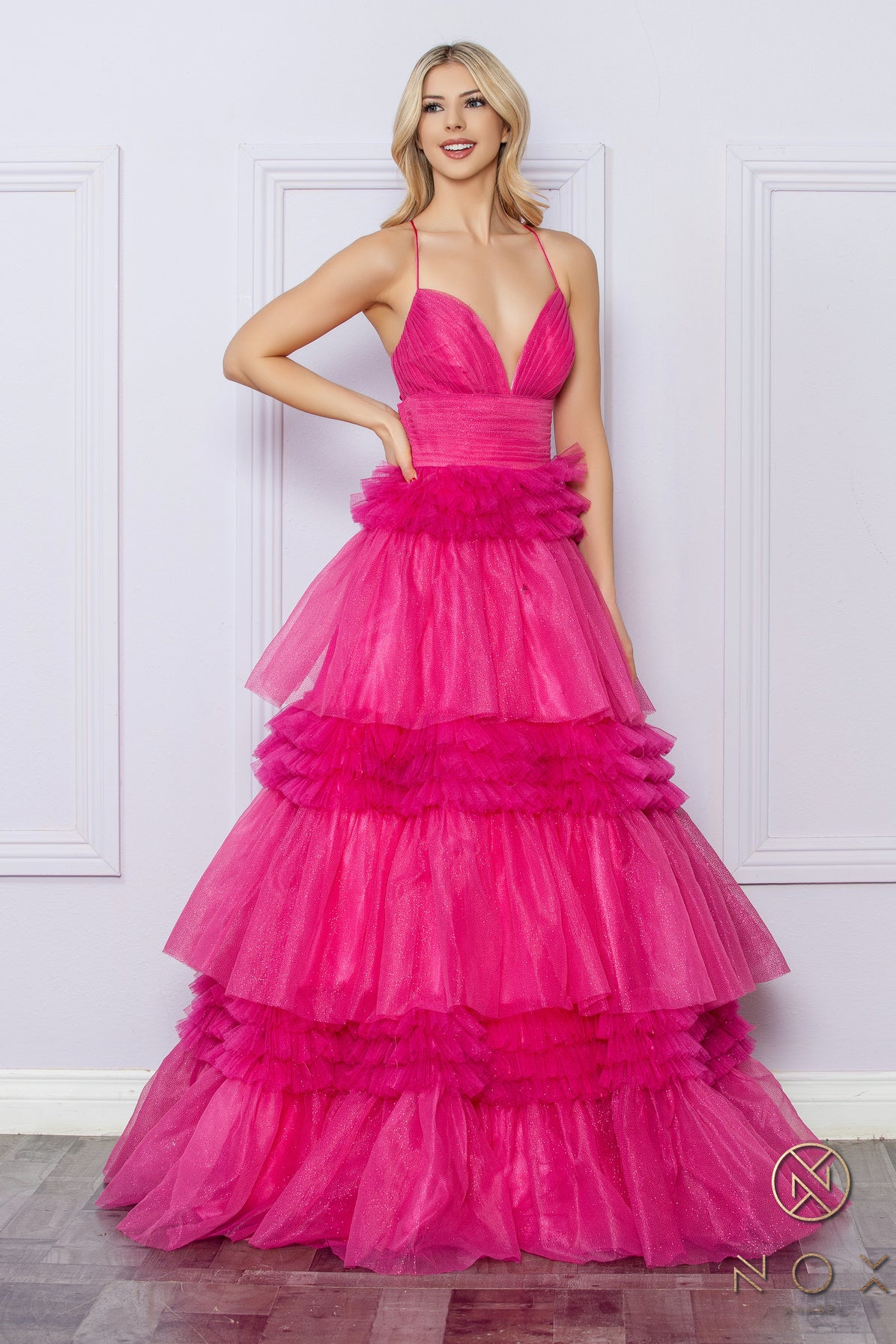 Nox Anabel R1316 A Line Pleated Shimmer Ballgown Prom Dress Layered Tulle Ruffle Corset Formal Gown 6 / Fuchsia Nox Anabel R1316 A Line Pleated Shimmer Ballgown Prom Dress Layered Tulle Ruffle Corset Formal Gown 6 / Fuchsia