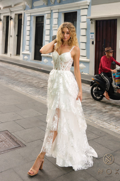 Nox Anabel T1335 A Line Ruffle Slit Prom Dress Sheer Lace Corset off the shoulder Pageant Gown