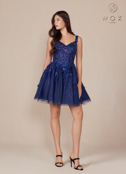 Nox Anabel H846 Short Shimmer Lace Homecoming Dress Sequin Corset Cocktail Gown