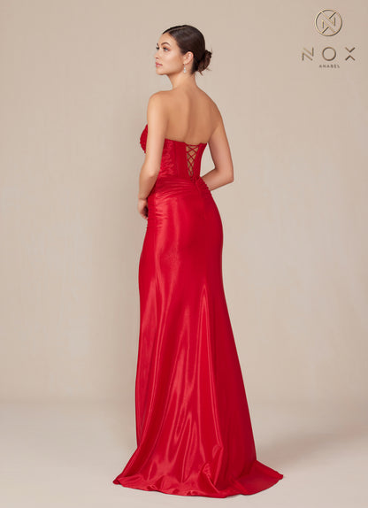 Nox Anabel T1489 Satin Fitted Prom Dress Cutout Strapless Corset Bodice Formal Evening Gown Slit
