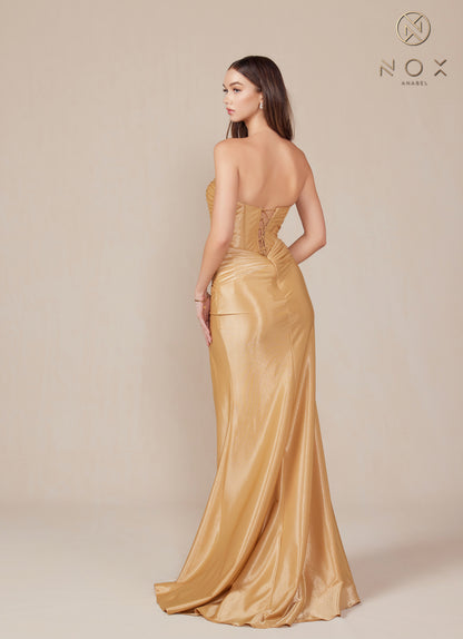 Nox Anabel T1489 Satin Fitted Prom Dress Cutout Strapless Corset Bodice Formal Evening Gown Slit