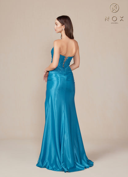 Nox Anabel T1489 Satin Fitted Prom Dress Cutout Strapless Corset Bodice Formal Evening Gown Slit