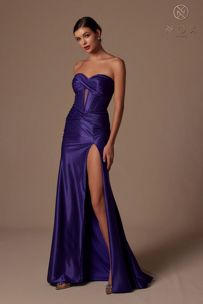Nox Anabel T1489 Satin Fitted Prom Dress Cutout Strapless Corset Bodice Formal Evening Gown Slit