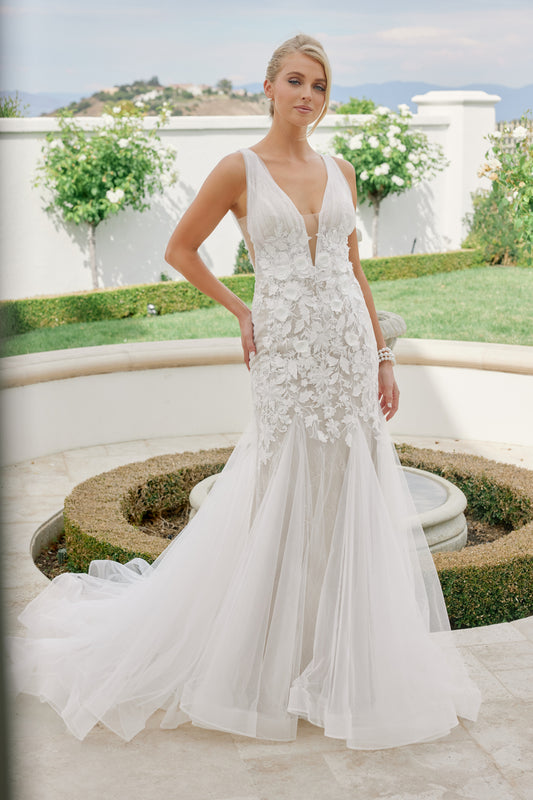 Nox Anabel JE917 Size 14 3D Floral Lace Mermaid Wedding Dress Bridal Gown Boho Train