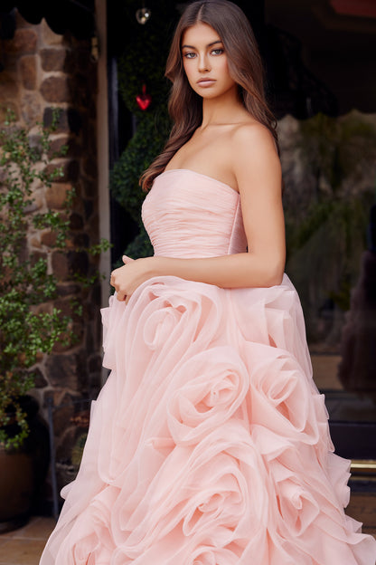 Nox Anabel JQ1037 Tea Length A Line Ruffle Prom Dress Strapless Corset Organza Floral