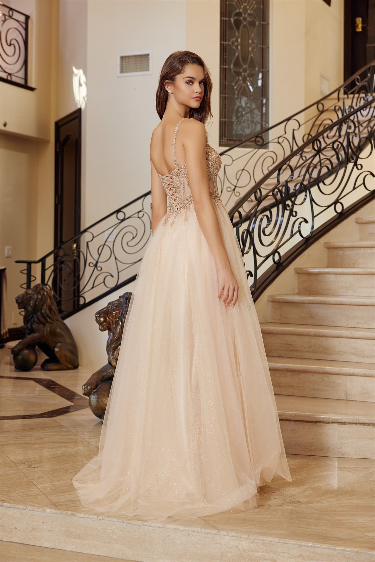 Make a statement in this Nox Anabel F1726 prom dress, featuring a sheer sequin corset bodice that catches the light with every movement. The structured A-line silhouette flatters your figure while the plunging V-neckline adds sophisticated allure. A graceful train completes the look with timeless elegance. Perfect for prom night or formal events where you want to feel confident and radiant.

Sizes: 00-16


Colors: Champagne, Greenery, Silver, Smoky Blue