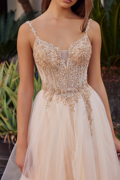 Make a statement in this Nox Anabel F1726 prom dress, featuring a sheer sequin corset bodice that catches the light with every movement. The structured A-line silhouette flatters your figure while the plunging V-neckline adds sophisticated allure. A graceful train completes the look with timeless elegance. Perfect for prom night or formal events where you want to feel confident and radiant.

Sizes: 00-16


Colors: Champagne, Greenery, Silver, Smoky Blue