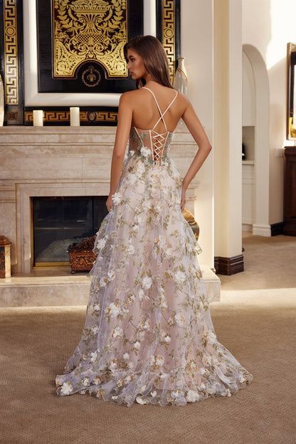 Make a statement at prom in this stunning Nox Anabel G1783 gown. The sweetheart neckline and sheer corset bodice create an elegant silhouette, while delicate floral detailing adds romantic charm. Spaghetti straps provide graceful support, and the dramatic train with thigh-high slit offers movement and sophistication. Perfect for those seeking a show-stopping look that balances femininity with modern edge.

Sizes: 00-16

Colors: Champagne, Green, Lilac&nbsp;