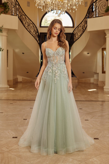 Elevate your prom night with the Nox Anabel G1787, a stunning sequin-embellished gown designed to turn heads. This A-line silhouette features a sheer sequin corset bodice with a sweetheart neckline and delicate spaghetti straps for timeless elegance. The dramatic slit train adds movement and sophistication to every step. Perfect for those seeking a show-stopping formal look that balances glamour with refined style.

Sizes: 00-14

Colors:&nbsp;Champagne, Sage Green&nbsp;