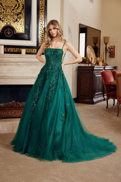 Elevate your prom night with the Nox Anabel H1880, a stunning A-line silhouette that commands attention. This backless design features a sheer corset bodice with strategic cutouts, delicate spaghetti straps, and a graceful train that flows from a straight neckline. Perfect for those seeking a bold, sophisticated look that balances elegance with modern edge. An unforgettable choice for your most important evening.

Sizes: 00-16

Colors: Emerald, Lilac