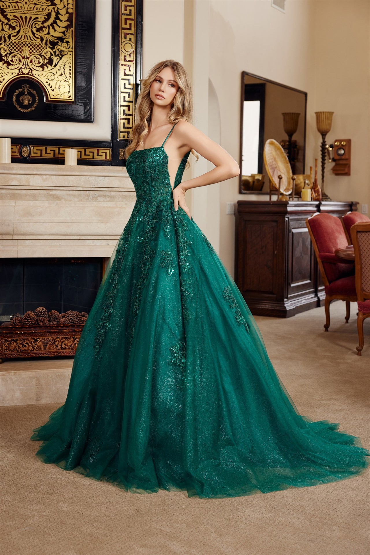 Elevate your prom night with the Nox Anabel H1880, a stunning A-line silhouette that commands attention. This backless design features a sheer corset bodice with strategic cutouts, delicate spaghetti straps, and a graceful train that flows from a straight neckline. Perfect for those seeking a bold, sophisticated look that balances elegance with modern edge. An unforgettable choice for your most important evening.

Sizes: 00-16

Colors: Emerald, Lilac