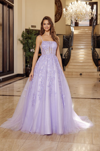 Elevate your prom night with the Nox Anabel H1880, a stunning A-line silhouette that commands attention. This backless design features a sheer corset bodice with strategic cutouts, delicate spaghetti straps, and a graceful train that flows from a straight neckline. Perfect for those seeking a bold, sophisticated look that balances elegance with modern edge. An unforgettable choice for your most important evening.

Sizes: 00-16

Colors: Emerald, Lilac