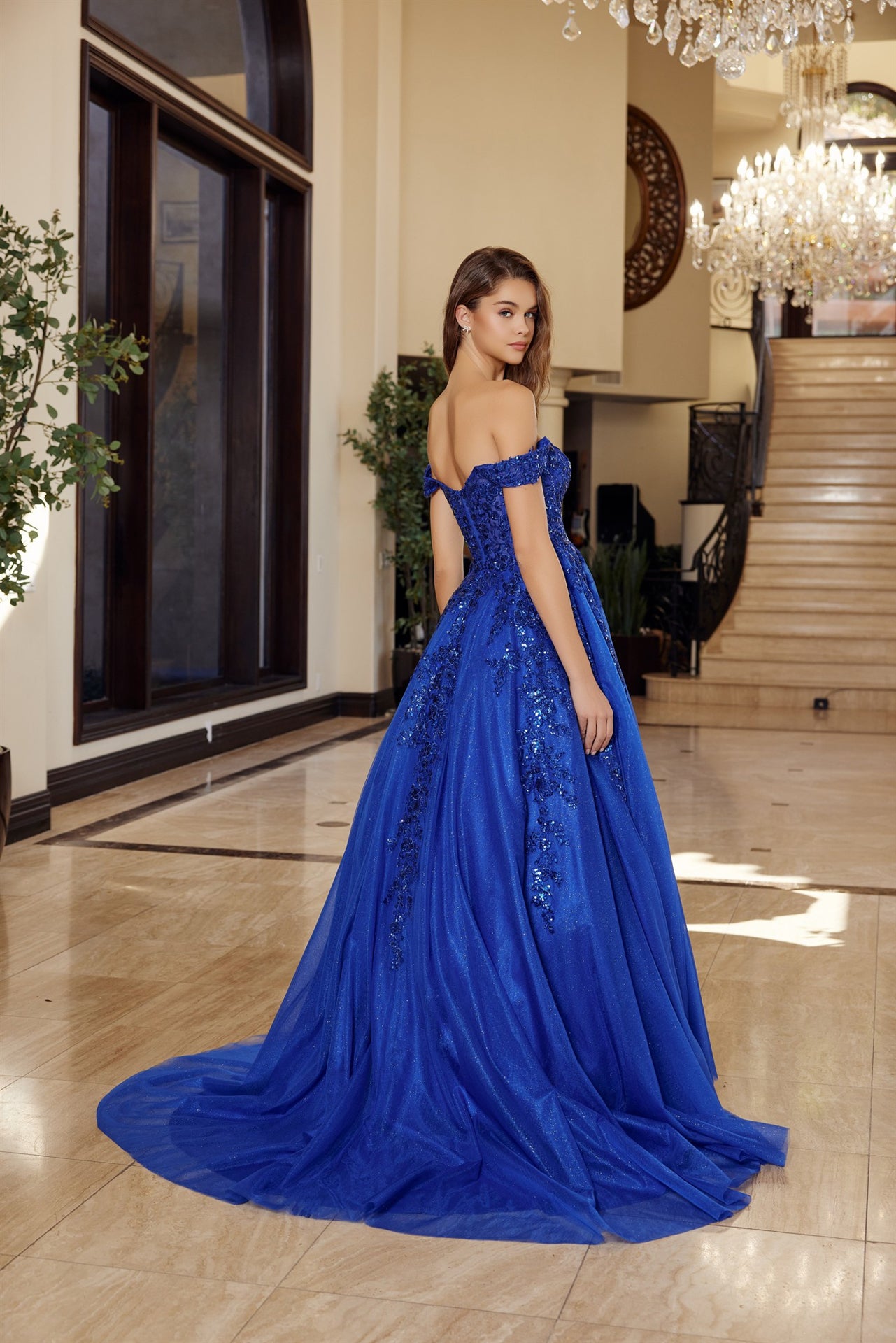 Nox Anabel's H1881 prom dress combines timeless elegance with contemporary allure. The off-the-shoulder silhouette frames the shoulders beautifully, while the sheer corset bodice creates a striking focal point with its plunging V-neckline. The flowing A-line skirt transitions into a graceful train, offering movement and drama on the dance floor. Crafted for those seeking a show-stopping entrance at prom or formal events, this dress balances sophistication with bold design details.

Sizes: 00-16

Colors: Aqu