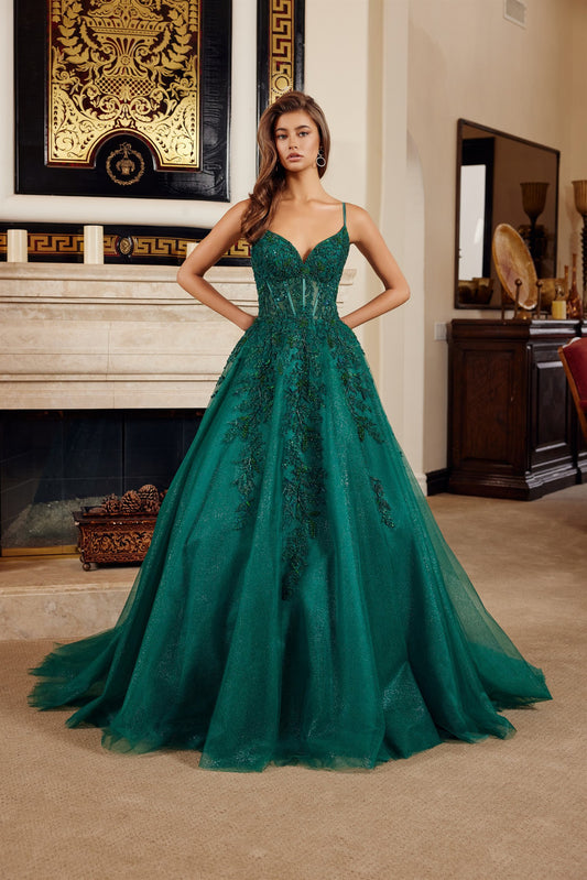 Elevate your prom night with the Nox Anabel H1883, a stunning A-line gown designed to turn heads. This sophisticated dress features a sheer corset bodice with a romantic sweetheart neckline and delicate spaghetti straps that frame the shoulders beautifully. The backless design adds an alluring touch of elegance, while the flowing A-line silhouette flatters every figure. A graceful train completes the look with timeless drama. Perfect for those seeking a balance of modern edge and classic prom glamour, this 