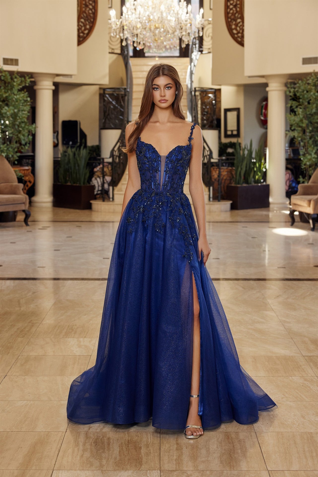 Nox Anabel R1824 Plunging V-Neck Sheer Corset Prom Dress – Glass