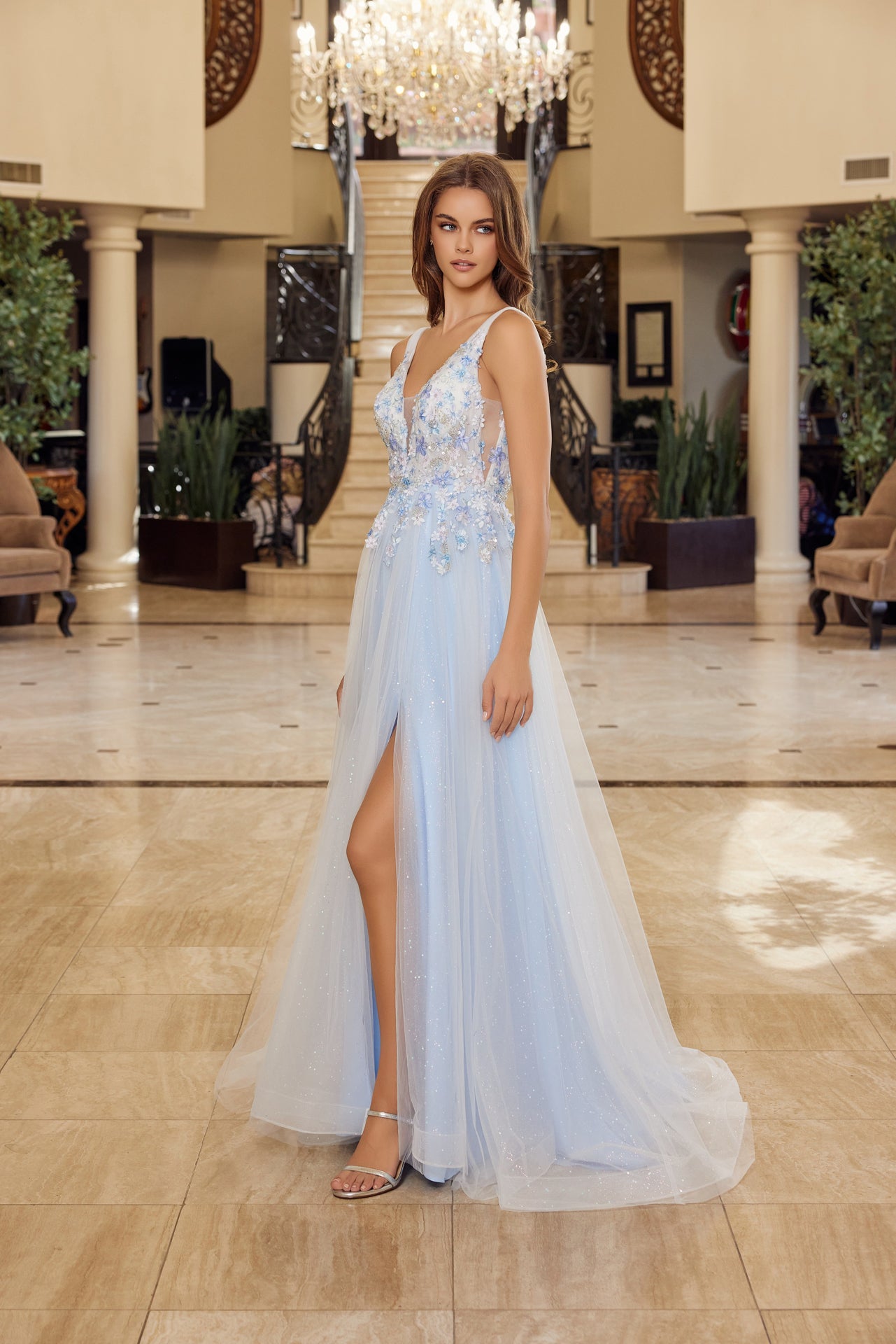 Floral-Bodice Long A-Line Prom Dress with Deep V-Back Blue / 0