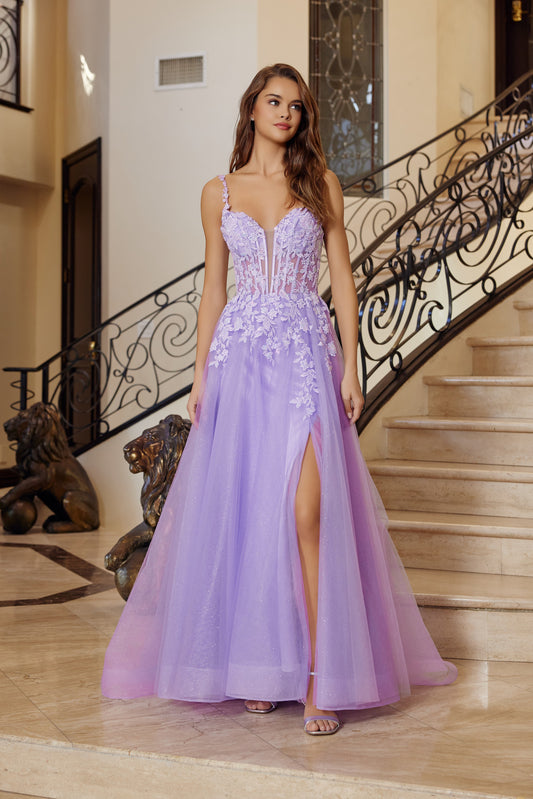 Nox Anabel's R1824 prom dress combines timeless elegance with modern allure. The plunging V-neckline and delicate spaghetti straps frame the shoulders beautifully, while the sheer floral corset bodice adds intricate detail and structure. A dramatic train and thigh-high slit create movement and sophistication on the dance floor. Perfect for prom, formal events, or any occasion calling for show-stopping glamour.

Sizes: 00-16

Colors: Lilac, Navy Blue