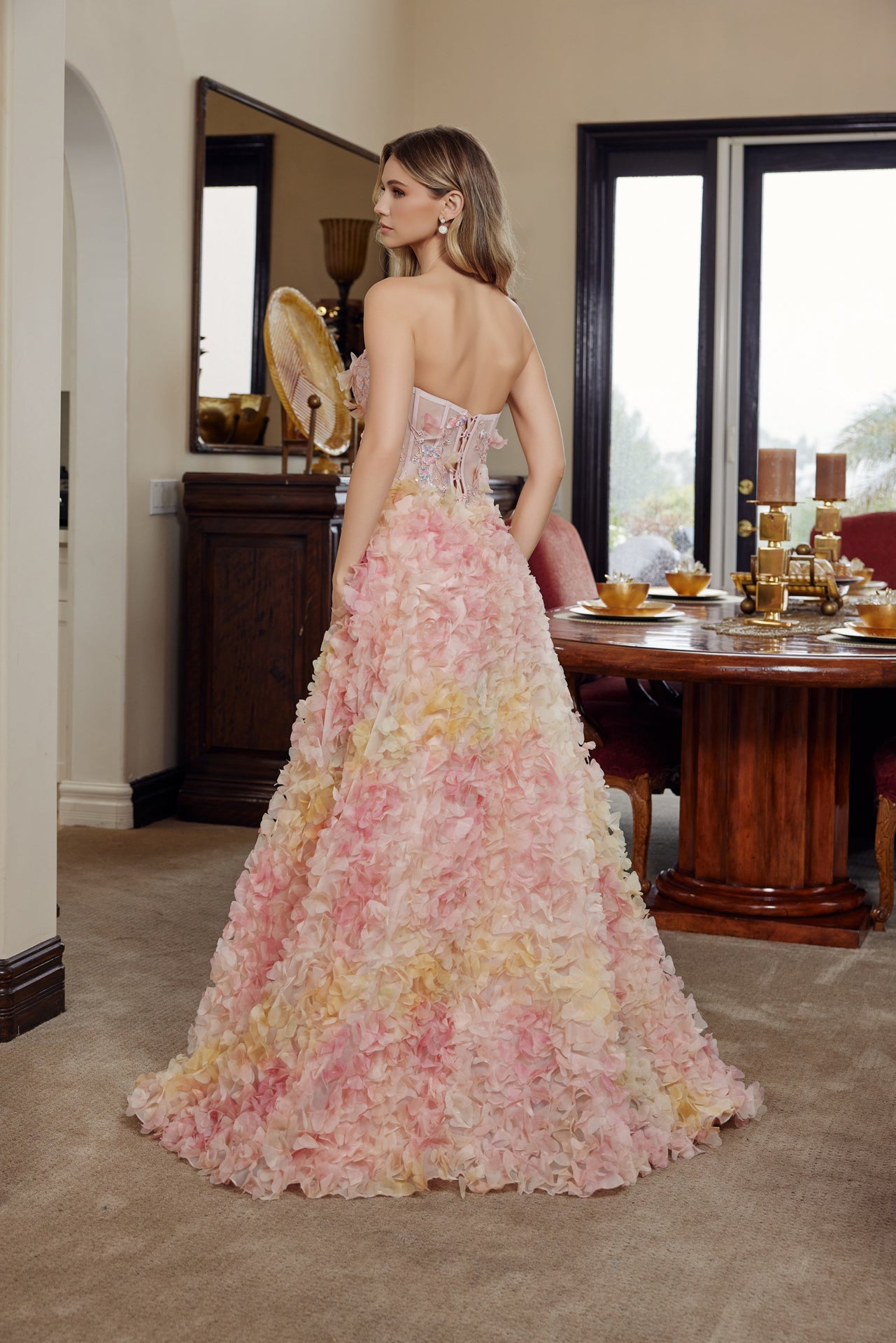 Nox Anabel G1790 Strapless Sheer Corset Floral Prom Dress 8 / Yellow/Orange