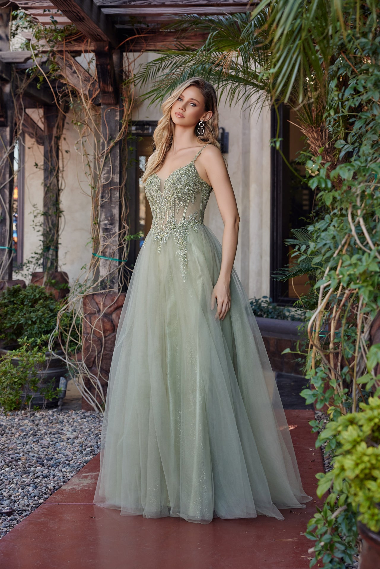 Make a statement in this Nox Anabel F1726 prom dress, featuring a sheer sequin corset bodice that catches the light with every movement. The structured A-line silhouette flatters your figure while the plunging V-neckline adds sophisticated allure. A graceful train completes the look with timeless elegance. Perfect for prom night or formal events where you want to feel confident and radiant.

Sizes: 00-16


Colors: Champagne, Greenery, Silver, Smoky Blue