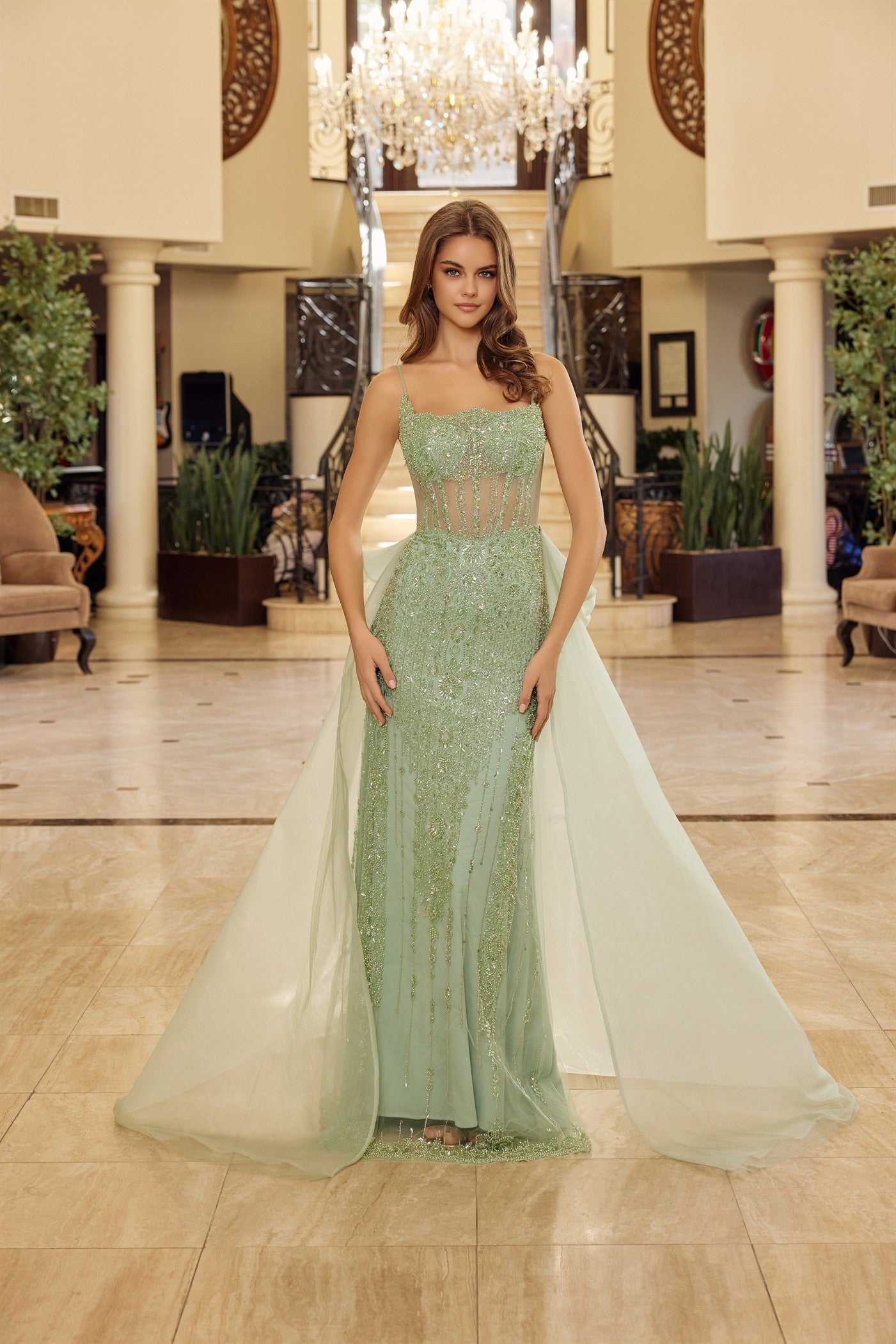 Nox Anabel N1763 Sheer Corset Beaded Prom Dress Tail Skirt 12 / Sage Green