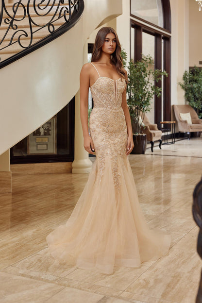 Nox Anabel's H1874 prom dress commands attention with its plunging sweetheart neckline and sheer sequin corset bodice. Delicate spaghetti straps frame the shoulders while the fitted mermaid silhouette flows into a dramatic train, creating an unforgettable entrance. Intricate sequin detailing catches light with every movement, perfect for those seeking a show-stopping formal look. Ideal for prom, pageants, or black-tie events where elegance meets glamour.

Sizes: 00-16

Colors: Blue, Champagne, Pink