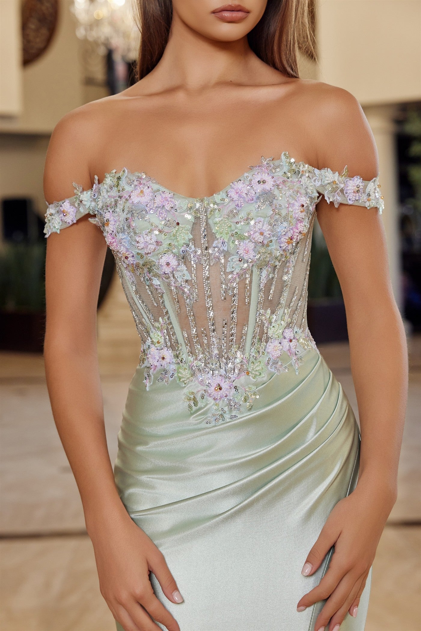 Nox Anabel R1814 Off-the-Shoulder Sheer Corset Prom Dress – Glass