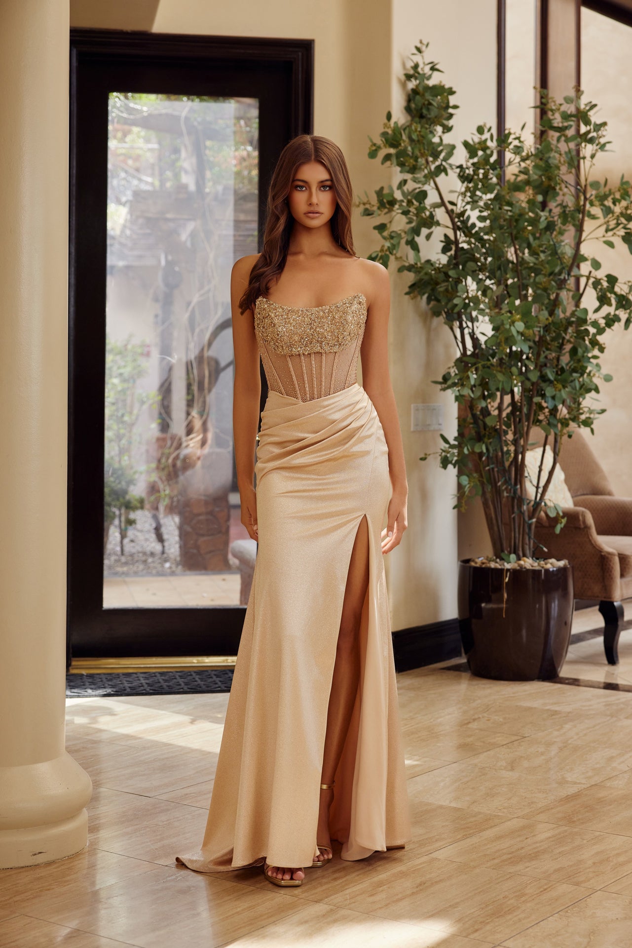 Nox Anabel A1596 Scoop Sheer Beaded Corset Satin Prom Dress 00 / Gold