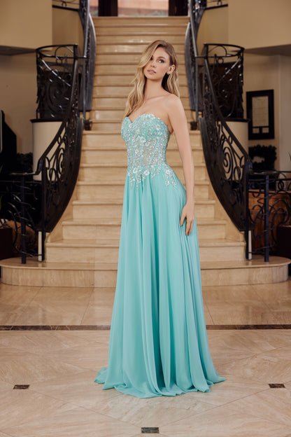 Nox Anabel's C1617 prom dress combines timeless elegance with modern glamour. The sheer sequin and beaded corset bodice creates a striking focal point, while the sweetheart neckline and strapless design offer a romantic silhouette. The A-line skirt provides graceful movement and flattering proportions. A daring backless cut adds contemporary edge to this show-stopping gown, perfect for prom, formal events, or special occasions where you want to make an unforgettable entrance.

Sizes: 00-16

Colors: Lemon, P