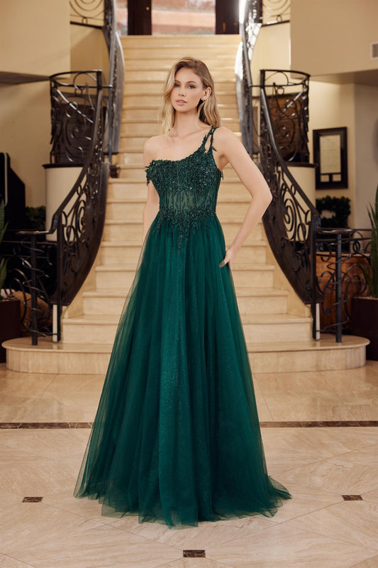 Elevate your prom night with the Nox Anabel F1567, a stunning A-line gown that commands attention. This sophisticated dress features a sheer beaded corset bodice that catches light with every movement, paired with an elegant scoop neckline and graceful one-shoulder design. The flowing A-line silhouette creates a flattering, timeless shape, while the dramatic train adds red-carpet glamour. Perfect for those seeking a show-stopping look that balances modern edge with classic elegance.

Sizes: 0-16

Colors: E