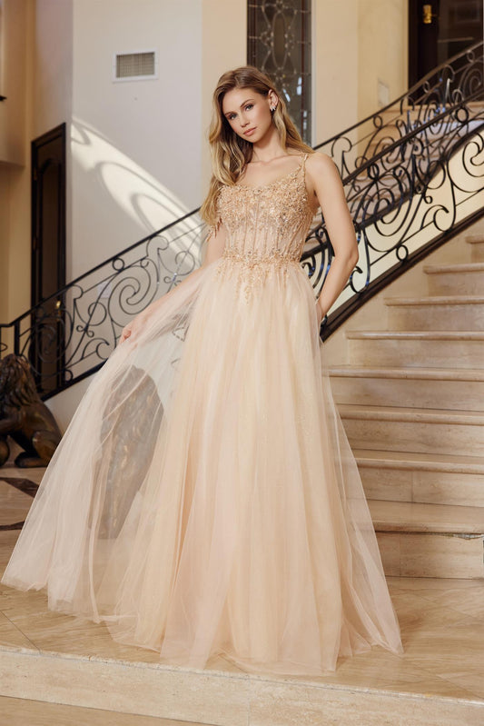 Elevate your prom night with the Nox Anabel F1567, a stunning A-line gown that commands attention. This sophisticated dress features a sheer beaded corset bodice that catches light with every movement, paired with an elegant scoop neckline and graceful one-shoulder design. The flowing A-line silhouette creates a flattering, timeless shape, while the dramatic train adds red-carpet glamour. Perfect for those seeking a show-stopping look that balances modern edge with classic elegance.

Sizes: 0-16

Colors: E