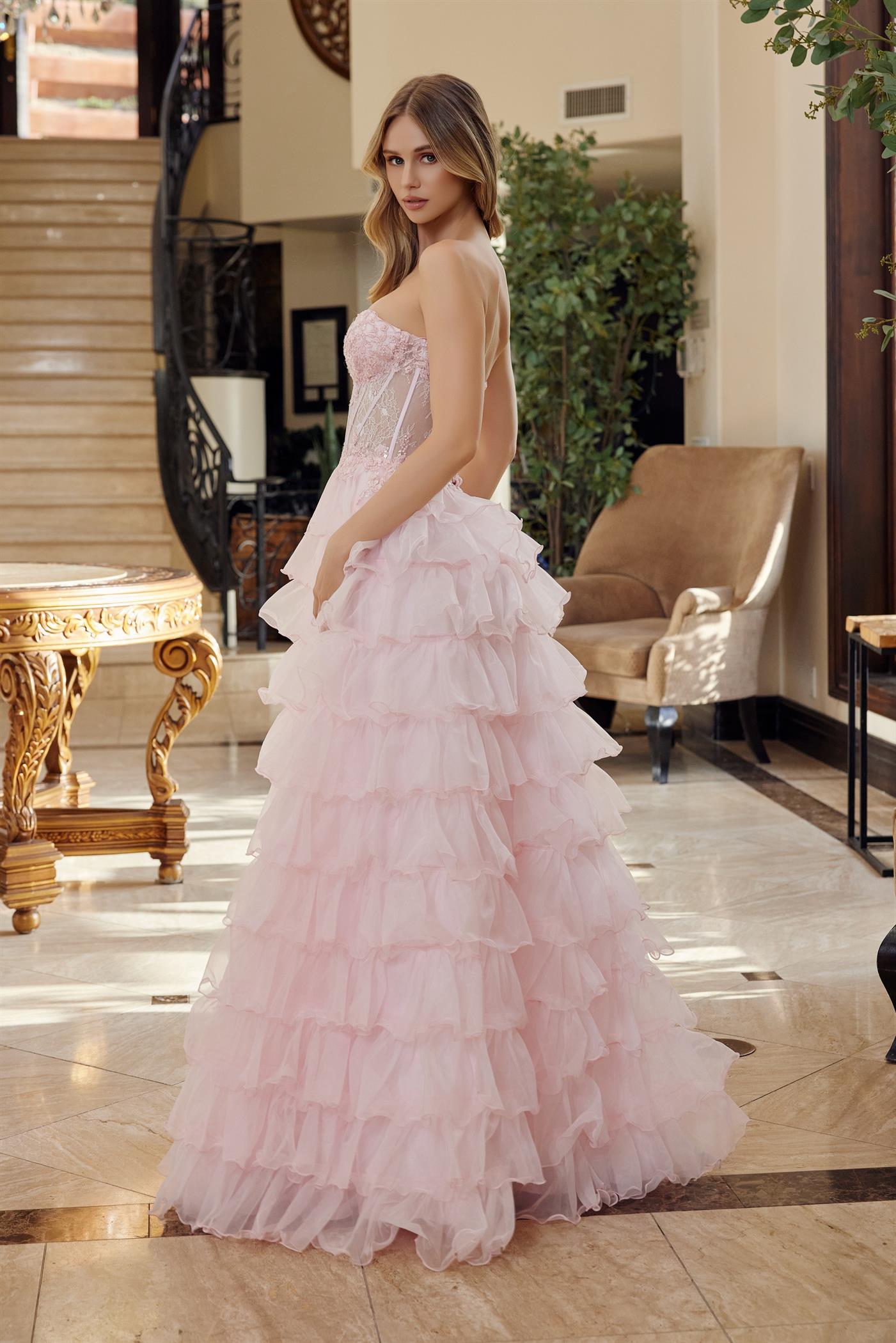 Nox Anabel R1688 Sheer Corset Sweetheart Ruffle Prom Dress – Glass