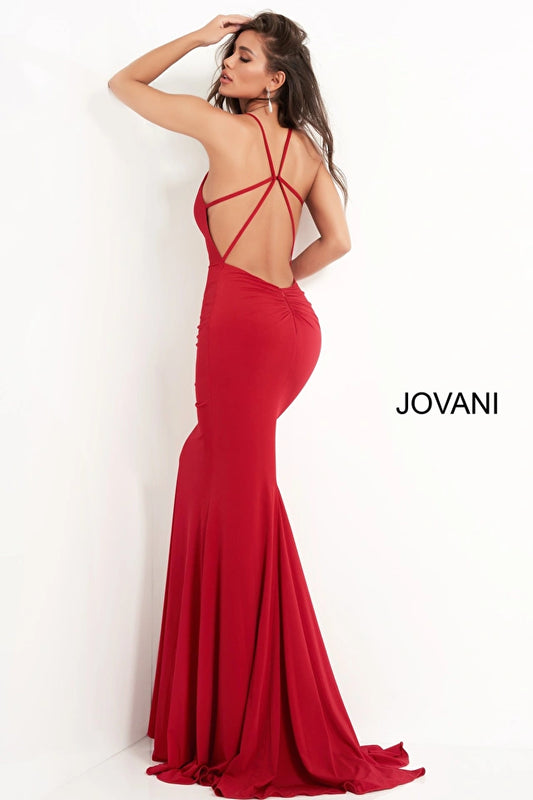 Jovani 00512 Prom Dress V Neck Fitted Floor Length With Train Low Ruched Back With Crisscross Spaghetti Straps  Closure: Invisible Back Zipper with Hook and Eye Closure. Details: Form-fitting prom dress, floor length with train, sleeveless bodice with a plunging neckline, spaghetti straps over shoulders, low ruched back with crisscross spaghetti str